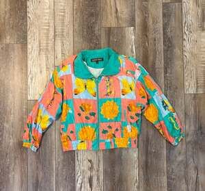 Vintage River Edge 100% Silk Floral Butterfly Cropped Jacket Womens M